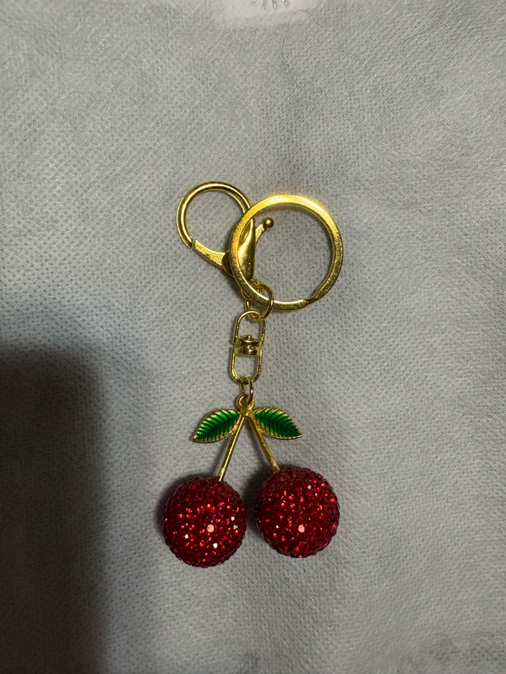 Bag Charm Red Cherry Rhinestone or Keychain with Green Enamel Leaves